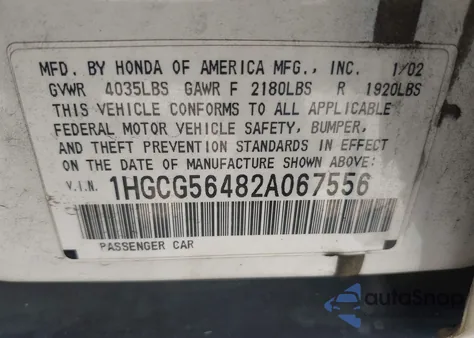 2002 Honda Accord 2.3 Lx z USA, uszkodzony, nr VIN 1HGCG56482A067556